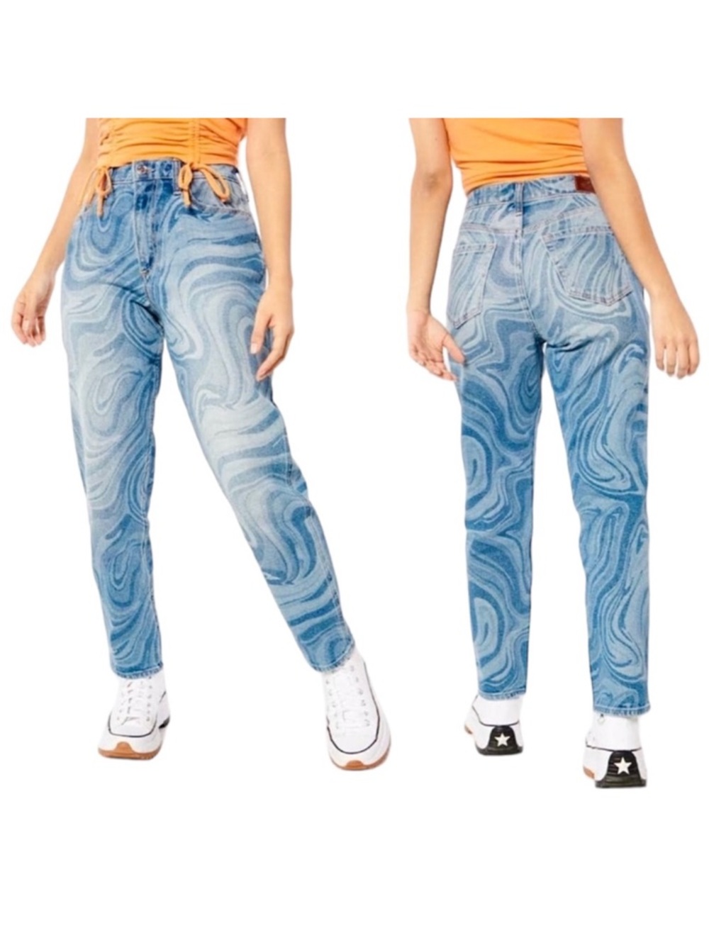 Hollister Curvy High-Rise Mom Jean Blue Swirl Pattern Denim. Womens Size 13 R